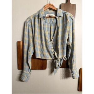 Free People Blue Yellow Long Sleeve Running Wild Plaid Wrap Top Size XS